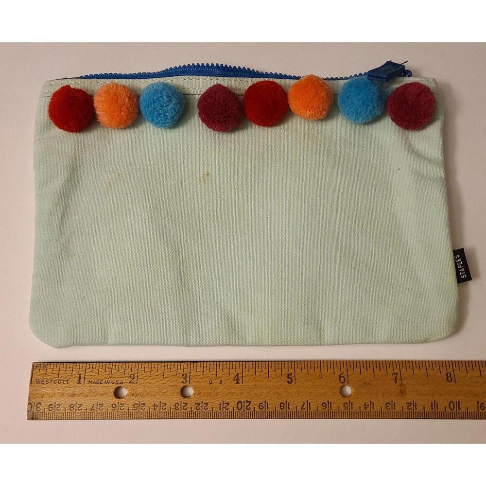 Staples Pom Pom Bag  Canvas Zipper Beauty Cosmetics Makeup Travel Pouch 5.5"x8"